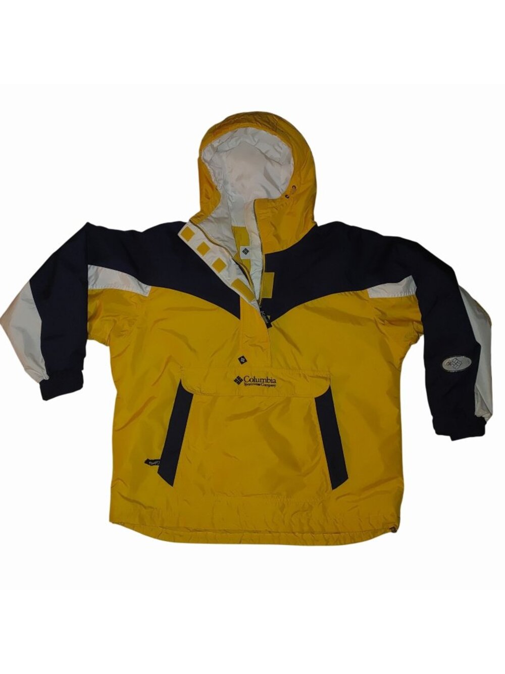 Columbia Jacket Coat Large Hooded Womens Vintage Yellow Navy White Pullover